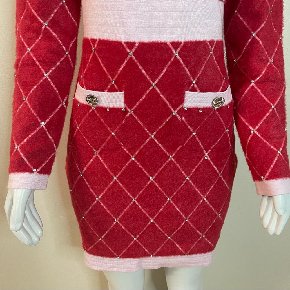 Red pink fuzzy sweater mini dress diamond pattern rhinestones details & pockets - Picture 5 of 10
